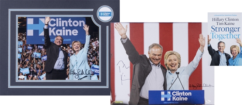 Hillary Clinton and Tim Kaine Dual Signed Collection of (3) Including Stretched Canvas, Photo and Book (JSA)